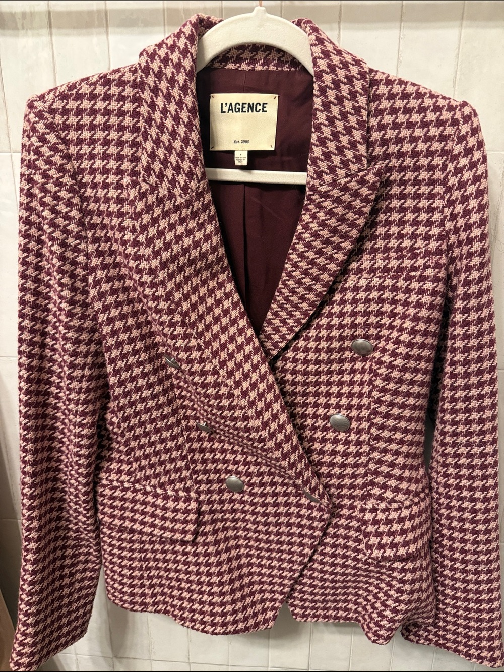 L'AGENCE Pink Houndstooth Double-Breasted Blazer - Picture 2 of 5